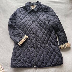 Burberry London Jacket Womens Medium Diamond Quilt Button Nova Check Lined Navy